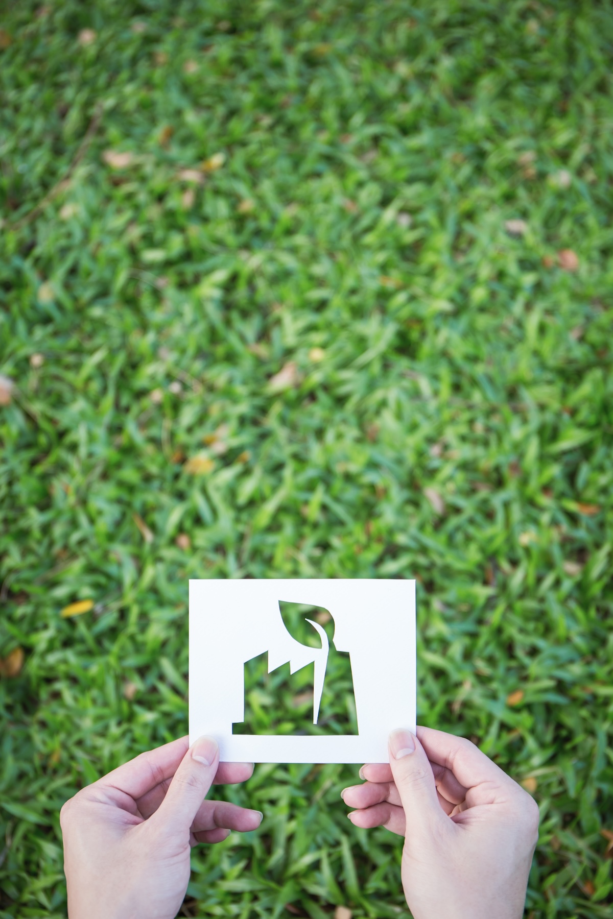 Hands holding cut paper with the logo of factory industry shape over green glass background.
